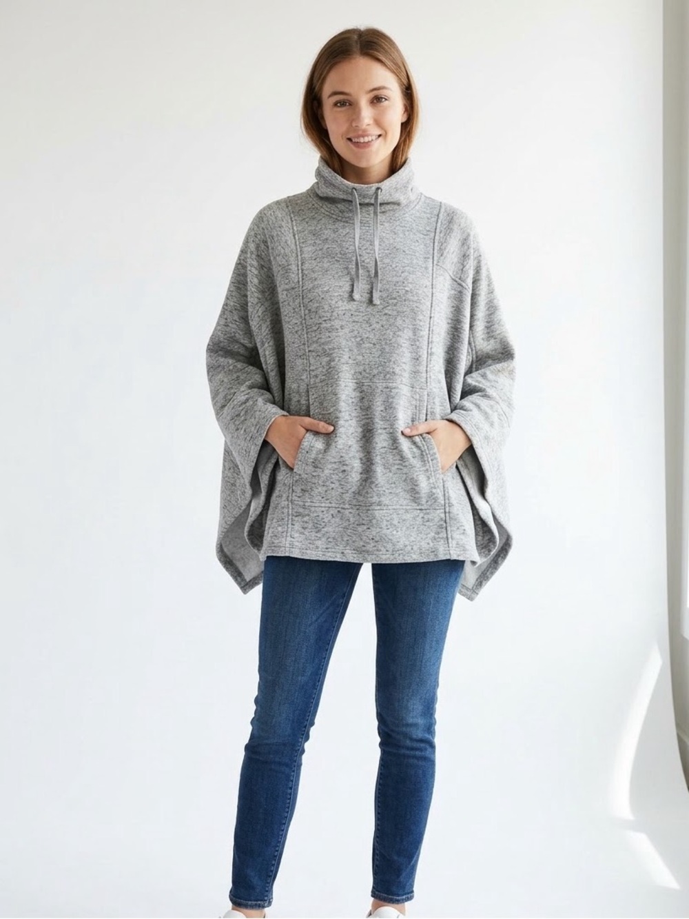 UGG Pichot Fleece Poncho Pullover Funnel Neck Kangaroo Pocket Grey XS/S